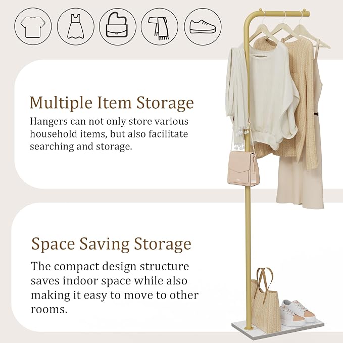 OUTBROS Freestanding Coat Rack, Garment Racks with Hook, 70.8“hign, Gold | Portable Modern Hanger, Sturdy Metal Clothing Rack, Used in Bedroom, Entrance and Living Room