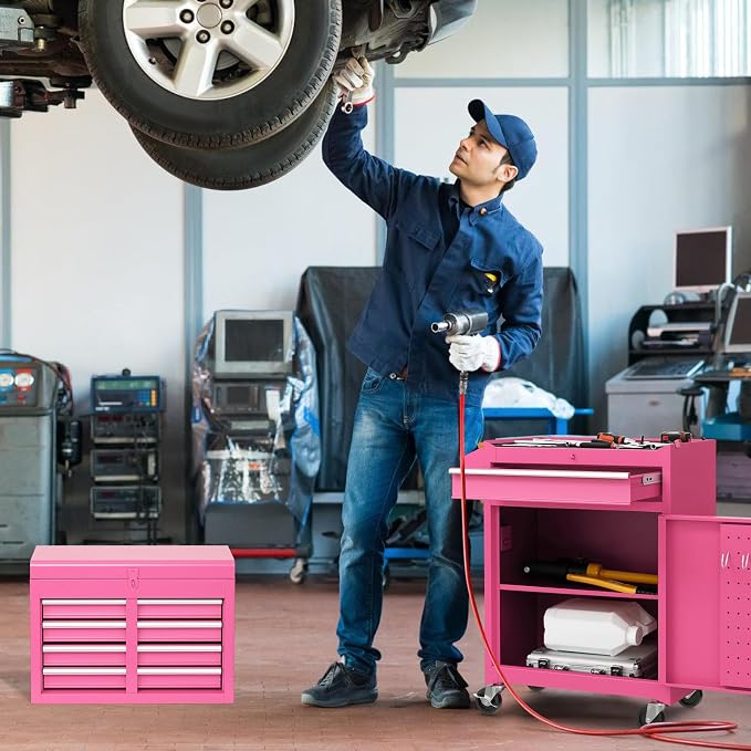 Goplus Pink Tool Chest, 5 Drawers Rolling Tool Cabinet w/Detachable Top Toolbox, Universal Lockable Wheels,Lock Bar,Protective Liner,Tool Rack, Metal Tool Storage Cart, Tool Box for Garage Workshop