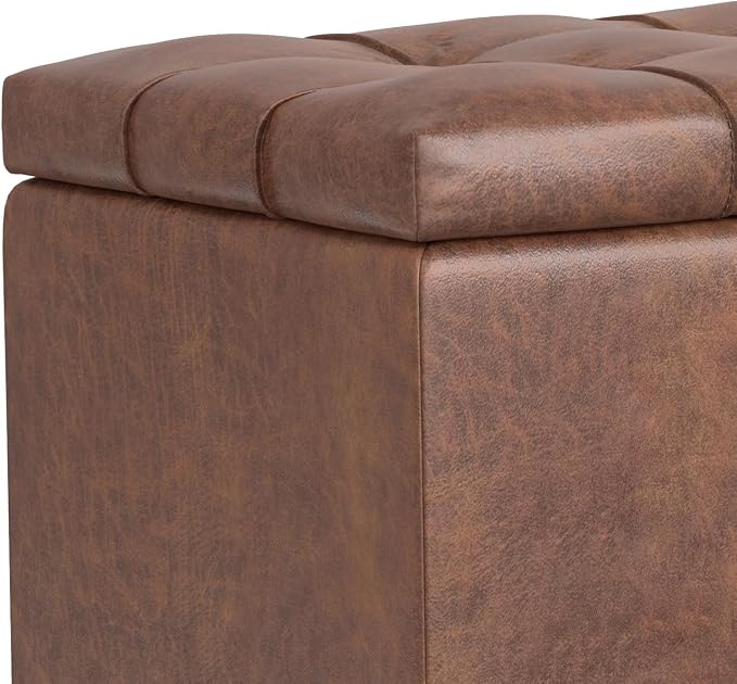 SIMPLIHOME Sienna 33" Wide Vegan Leather Storage Ottoman in Midnight Black | Distressed saddle brown, transitional ottoman with tufting and lift-up lid; rectangle storage bench for living room.