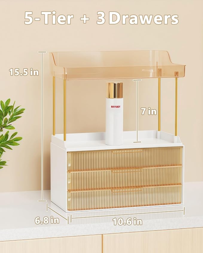 Anylady Bathroom Organizers and Storage, Makeup Organizer (Sturdy Durable Attractive), Ideal for Vanity, Countertop, Counter, Perfume, Skincare, Cabinet, Cosmetic, Dresser Organizer (Gold)