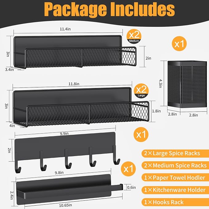 DTUQYX Magnetic Spice Rack for Refrigerator, 7 Pack Metal Shelf Black , Moveable Organizer with Hook Rack, Paper Towel Holder, Kitchenware Strong Storage Fridge