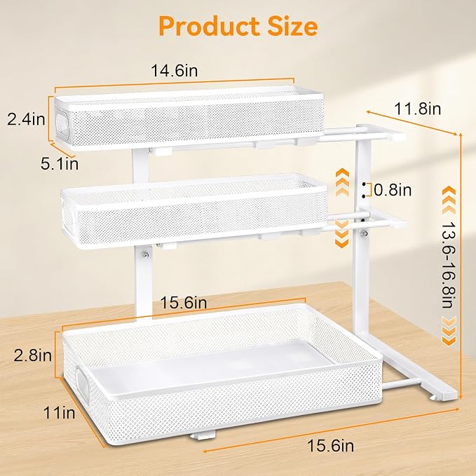 3 Tier Adjustable Under Sink Organizer for Bathroom & Kitchen(1Pack, White) | 35% More Storage, 5 Adjustable Heights, Sliding Pull Out,No Sliding, Heavy-Duty Steel Frame, Multi-Purpose Cabinet Organizer