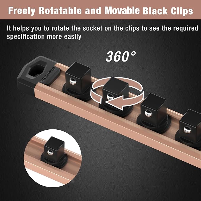 WORKPRO Magnetic Socket Organizer, Heavy Duty 3/8-Inch Drive Socket Rail | 1 Piece Socket Holder with 10 Spots, Aluminum Alloy, Rotatable & Movable Clips, Efficient Organization