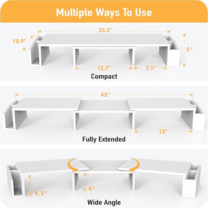 Simple Houseware Desk Dual Monitor Stand Riser with Drawer, White | Customizable Organizer Tray, Built-In Phone & Tablet Slot and Side Storage