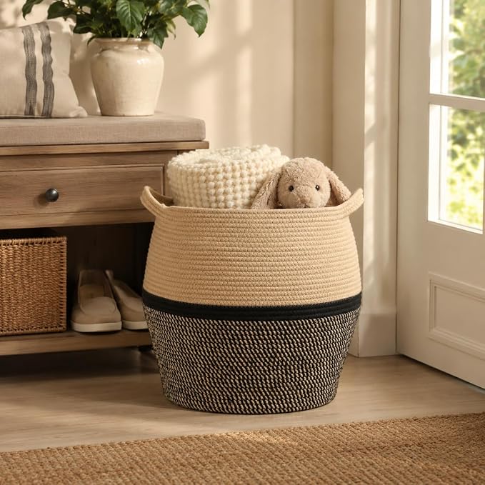 KAKAMAY Woven Baskets for Storage(17"x17"),Large Cotton Rope Woven Baby Laundry Hamper,Collapsible Laundry Basket, Blanket Basket for Organizing Living Room,Nursery,Clothes,Toy chest (Black)