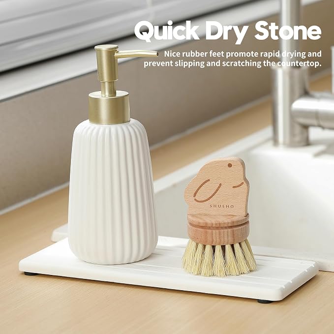 2PCS Diatomite Quick Stone Drying Tray Mat for Bathroom & Kitchen Counter, Instant Dry Water Absorbent Drink Bar Coaster,Vanity Sink Caddy Organizer,Dish Soap Sponge Holder, White,9"x3.5"