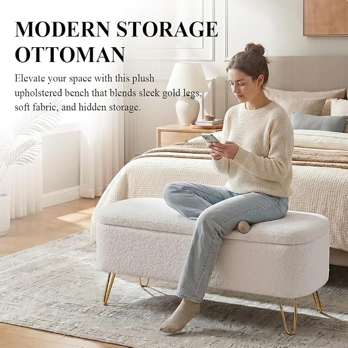 Modern Storage Ottoman Bench, Teddy Upholstered Entryway Bench with Gold Legs, Vintage End of Bed Bench with Safety Hinge, Padded Bench with Storage for Living Room, Bedroom, Entryway(Ivory)