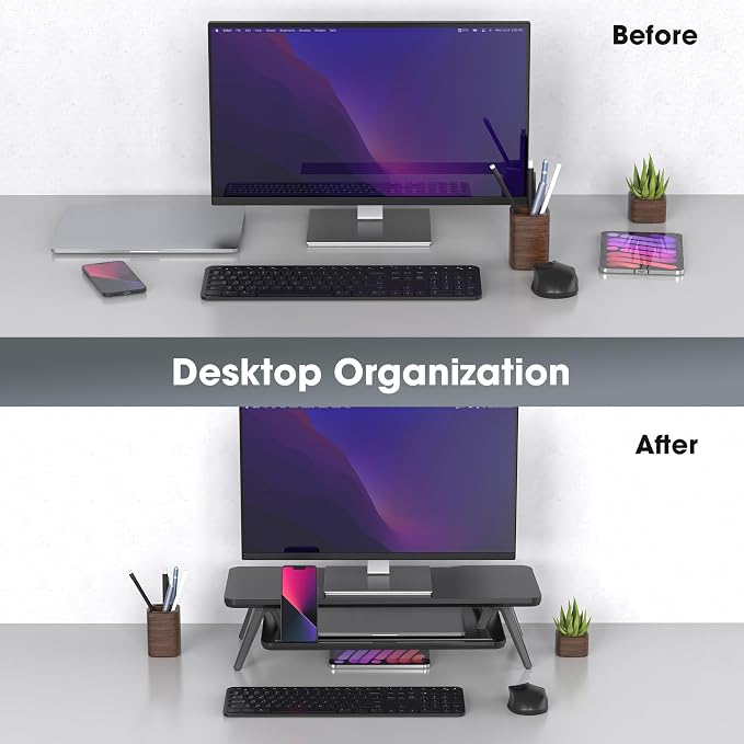 Fenge Monitor Stand Riser, Wooden Desk Shelf with 2-Tier Storage | 23.6-Inch Wide, Sturdy Aluminum Legs, Built-In Phone & Tablet Slot, Desktop Organizer for Office Accessories