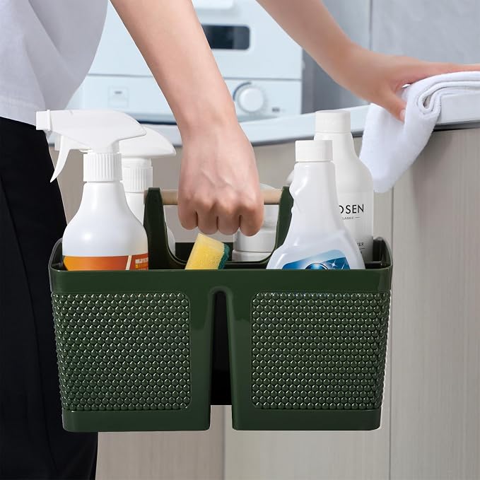 Plastic Shower Caddy, Portable Shower Basket with Handle, Dark Green | Cleaning Caddy Organizer for Bathroom, College Dorm Room Essentials, Storage Tote