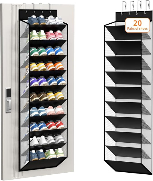 KEEPJOY 10-Tier Over Door Mesh Shoe Organizer with Large Deep Pockets, Hanging Door Shoe Storage Rack That Holds 20–30 Pairs of Sneakers, Boots and Other Footwear (Piano White)