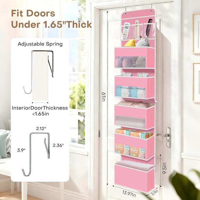 Over the Door Organizer, Large Pocket Hanging Storage with 40lb Capacity | Space Saving Door Storage for Nursery, Bathroom, Bedroom and Closet, Baby Essentials and Toiletry Organizer, Pink