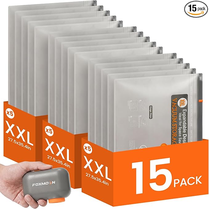 15 Pack XXL Vacuum Storage Bags with Rechargeable Cordless Pump, Vacuum Seal Bags for Clothing, Bedding, Blankets, Pillows and Comforters, Space Saver Compression Bags for Luggage Packing and Moving
