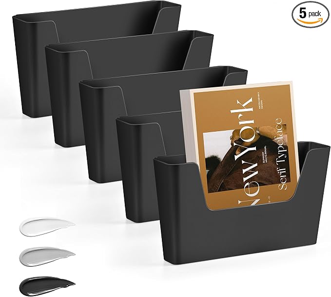 JOMOLA No Drilling File Holder 5 Pack Mail Organizer Wall Mount File Organizer Holder Office Wall Hanging Files Magazines Organizer Plastic Door Mount Wall Pocket with Adhesive Pad, Black Color