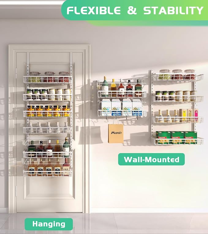Mefirt Over The Door Pantry Organizer, Wall Mount Spice Rack 6-Tier White | Pantry Hanging Organizers and Storage, Adjustable Baskets Heavy-Duty Metal for Home & Kitchen, Back of Door Seasoning Rack