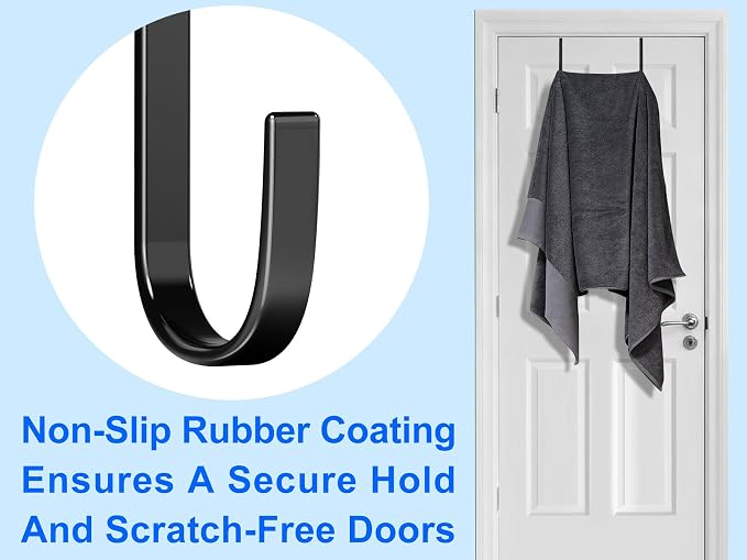 Single Over Door Steel Hooks 4 Pack Fit 1-3/8" Door 5.5" Black | Plastic Coated Rubber Feel Towel Rack Robe Coat Shoe Wreath Hanger No Damage No Scratch for Bathroom Heavy Duty Thin Top