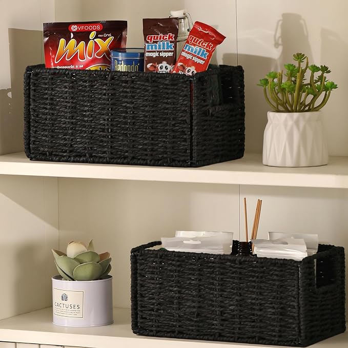 Vagusicc Wicker Storage Basket, Set of 2 Hand-Woven Paper Rope Wicker Basket, Small Storage Baskets for Organizing Toilet Paper Baskets, Foldable Large Cube Storage Organizer Bin for Shelves (Black)