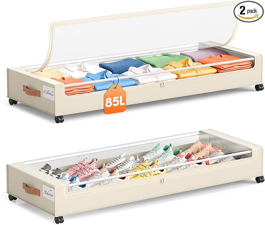 Yecaye Under Bed Storage with Wheels 2 Pack, 85 L Extra Large Under Bed Storage Containers with Metal Frame & Clear Lid, Rolling Underbed Organizer Bins Drawers for Clothes, Shoes, Blankets, Beige