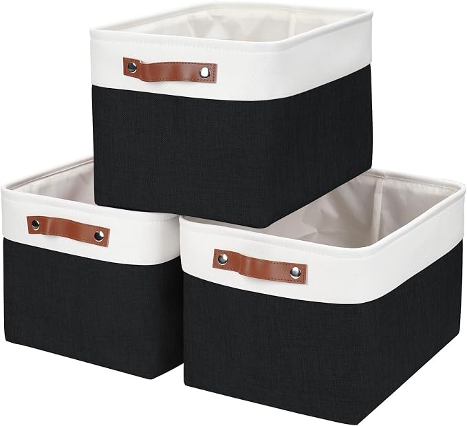 Bagnizer Storage Bins Large Fabric Storage Baskets for Shelves 3 Pack, Decorative Linen Closet Baskets with Handles for Organizing, Shelf, Clothes, Home, Office, 15x11x9.5Inches (Black&White)