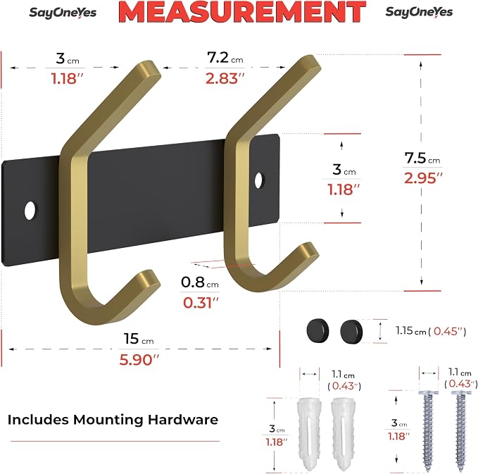Small Coat Rack Wall Mount – Black and Gold Hook Rail with 2 Double Coat Hooks, 6 Inch Stainless Steel Wall Hooks for Entryway, Bathroom, Bedroom, Closet, Towel, Hat, Bag, Heavy Duty Organizer