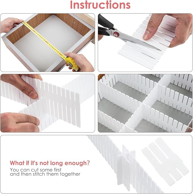 85Pcs Drawer Dividers, Adjustable Drawer Organiser, Cut at Will for Tidying Clutter Clothes, Socks, Makeup, Dresser, Kitchen White