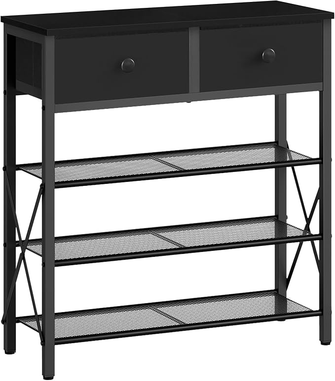 4 Tier Shoe Rack, Large Capacity Shoe Storage Organizer, Metal Shoe Shelf with Drawer and Wooden Top, for 16 Pairs of Shoes, for Entryway, Closet, Black SS24BB