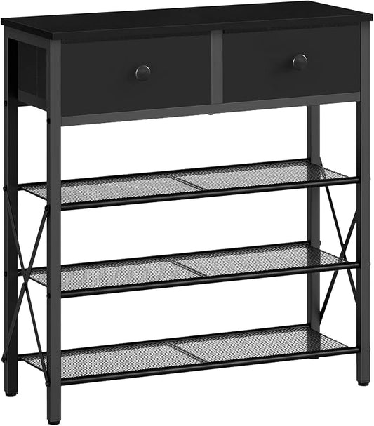 4 Tier Shoe Rack, Large Capacity Shoe Storage Organizer, Metal Shoe Shelf with Drawer and Wooden Top, for 16 Pairs of Shoes, for Entryway, Closet, Black SS24BB