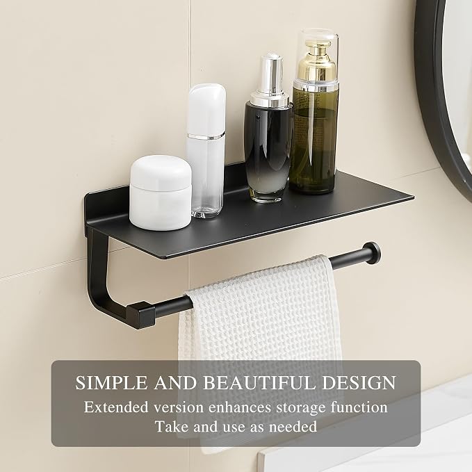 Hand Towel Holder for Bathroom -Paper Towel Holder Wall Mount - for Bathroom Black Paper Towel Holder with Shelf -Kitchen Towel Holder Black