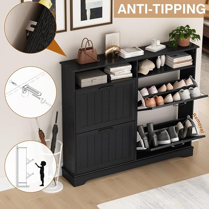 Hidden Shoe Storage Cabinet with 4 Flip Drawers & Open Storage | Farmhouse Modern Shoes Rack Cabinet,Adjustable Shelves ,Narrow Slim Shoe Organizer for Front Door Entrance, Entryway, Black
