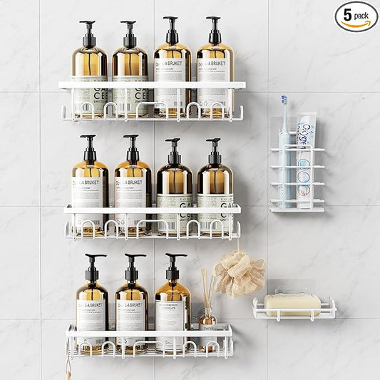Shower Caddy, 5 Pack Shower Shelves for Inside Bathroom, Rustproof Adhesive Bathroom Organizer with Soap Holder, No Drilling Washroom Organizers and Storage for Bathtub Room/Kitchen/Home, White
