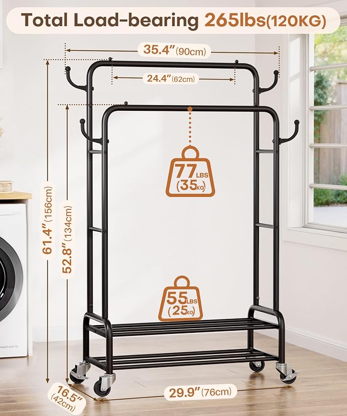 Homde Sturdy Garment Rack for Bedroom: 265 lbs Heavy Duty Clothes Organizer | 2 Hanging Rods Hold Coat to T-Shirt - Easy Roll & Park on Wheels - Metal Frame Stays Solid & Stable at Full Load