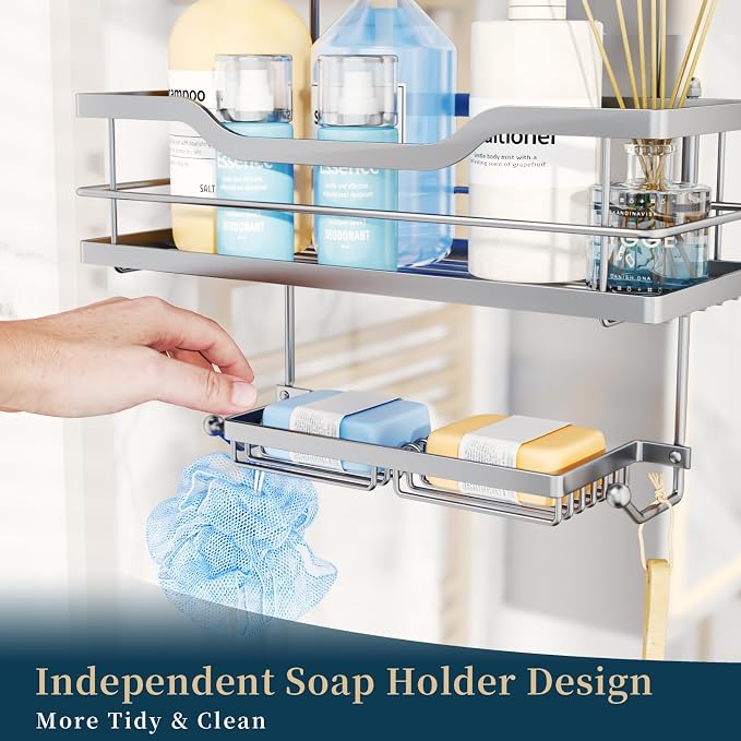 Consumest Over The Door Shower Caddy - 3 Tier Shower Shelves Hanging with Soap Holders, Large Capacity Shower Organizer with 6 Hooks, Bathroom Rack and Storage, Silver