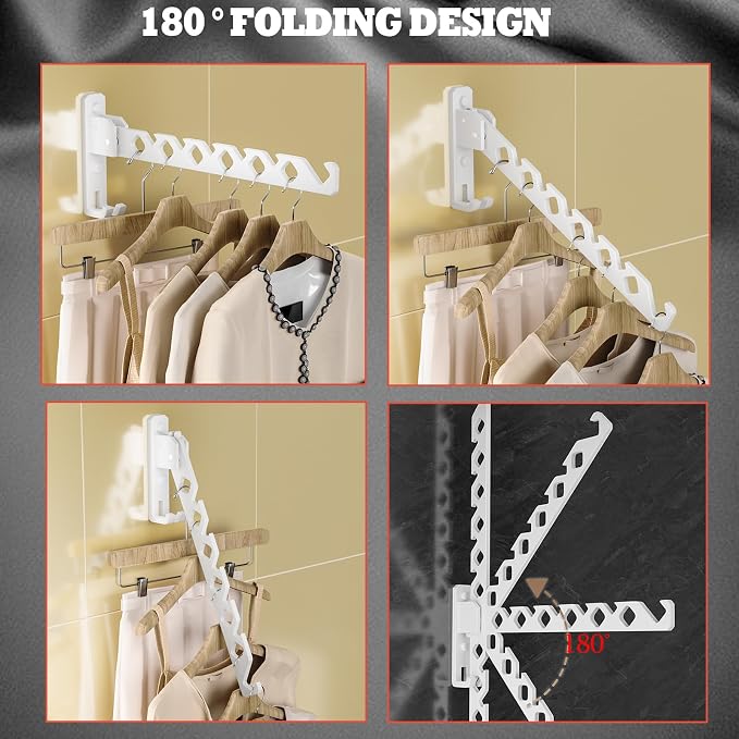 Dr.DJ Wall Mount Coat Hanger Holder White Clothes Drying Organizer Rack Garment Hooks Aluminium Retractable Folding Indoor Wall Mounted Hanger Space Saver for Laundry Room Bedroom White 2Pack