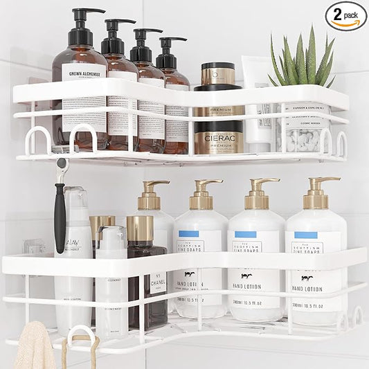 Sakugi Corner Shower Caddy - 2 Pack, Adhesive Shower Organizers, Rustproof Stainless Steel Shower Shelves with 8 Hooks, No Drilling Bathroom Organizers and Storage Racks, Space-Saving, White, X-Large