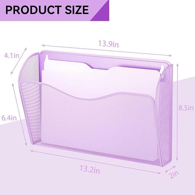3 Single Pocket Wall File Holder, Mesh Hanging File Folder Paper Organizer, Vertical Wall Mounted Mail Basket, Storage Organization Magazine Rack for Office, Home and School, Light Purple