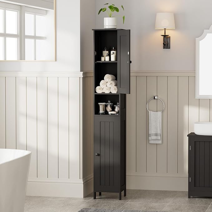 Homleke Tall Bathroom Storage Cabinet with 2 Doors, Slim Bathroom Cabinet | Narrow Storage Cabinet with Adjustable Shelves, Anti-Tip Design, Reversible Door, Easy Assembly, Black, 11.8''W