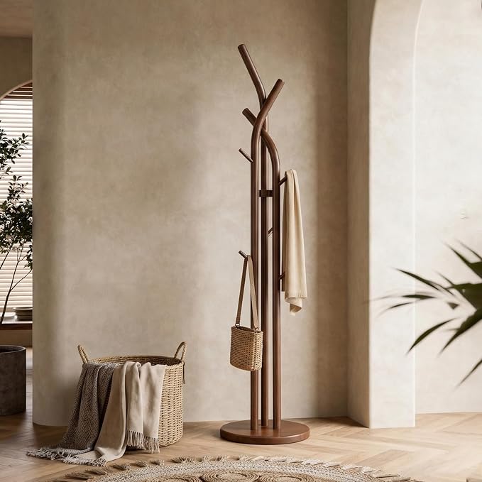 Solid Wood Coat Rack Freestanding Wood Coat Tree Rack with 9 Hooks, Creative Tree-Shaped Design, Standing Coat Rack Clothes Hanger Stand with Sturdy Base for Entryway, Bedroom - Load 300lb (Walnut)
