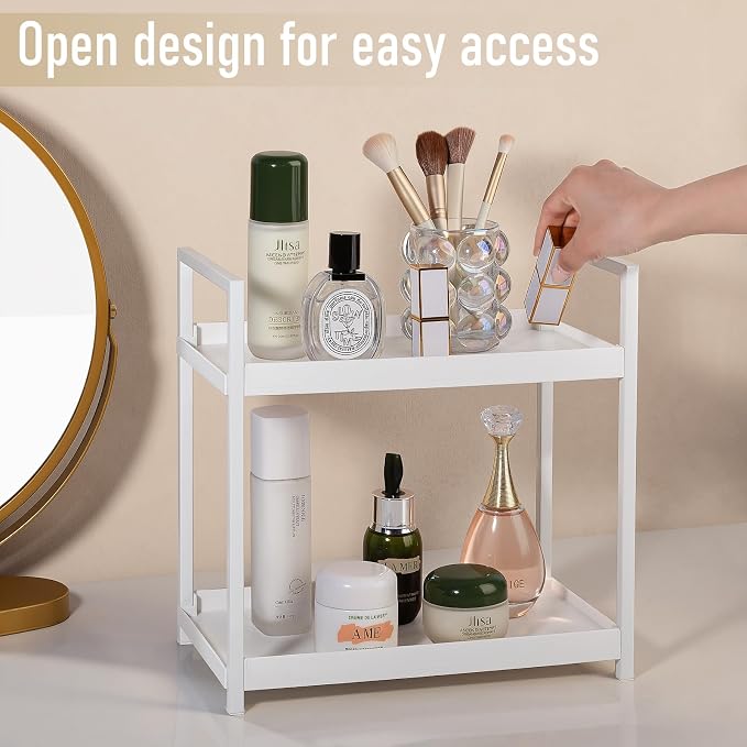 Bathroom Counter Organizer Vanity Storage Countertop Shelf, Small White | 2 Tier Makeup Organizer Perfume Tray Skincare Holder for Sink, Dresser, Kitchen