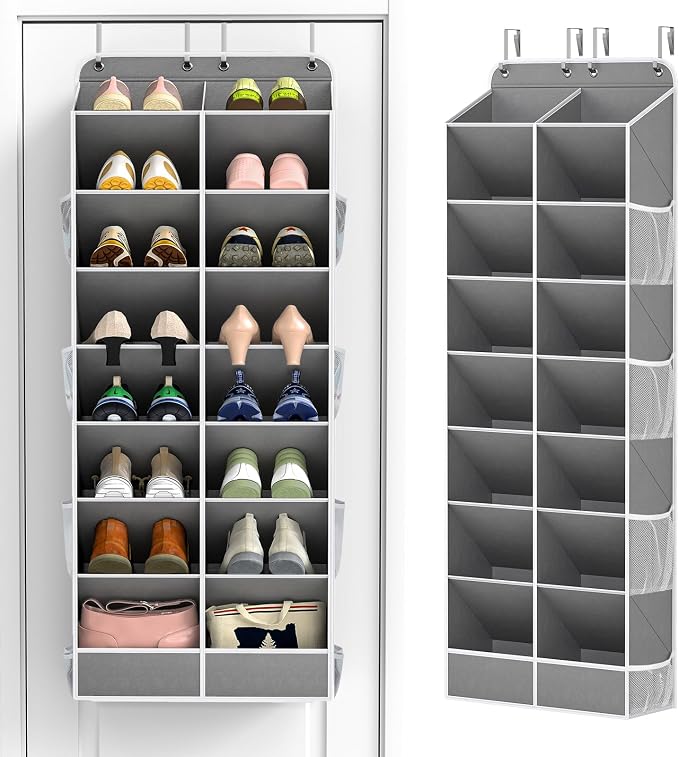Yecaye 16-24 Pairs Over the Door Shoe Organizer, Large Capacity Hanging Shoe Rack for Door Hanger with Deep Pockets, 8 Tier Shoe Holder for Sneakers Boots Heels College Dorm Essentials, Grey