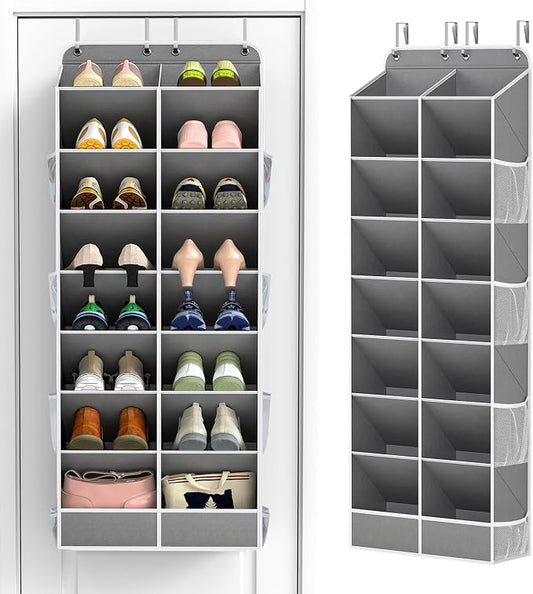 Yecaye 16-24 Pairs Over the Door Shoe Organizer, Large Capacity Hanging Shoe Rack for Door Hanger with Deep Pockets, 8 Tier Shoe Holder for Sneakers Boots Heels College Dorm Essentials, Grey