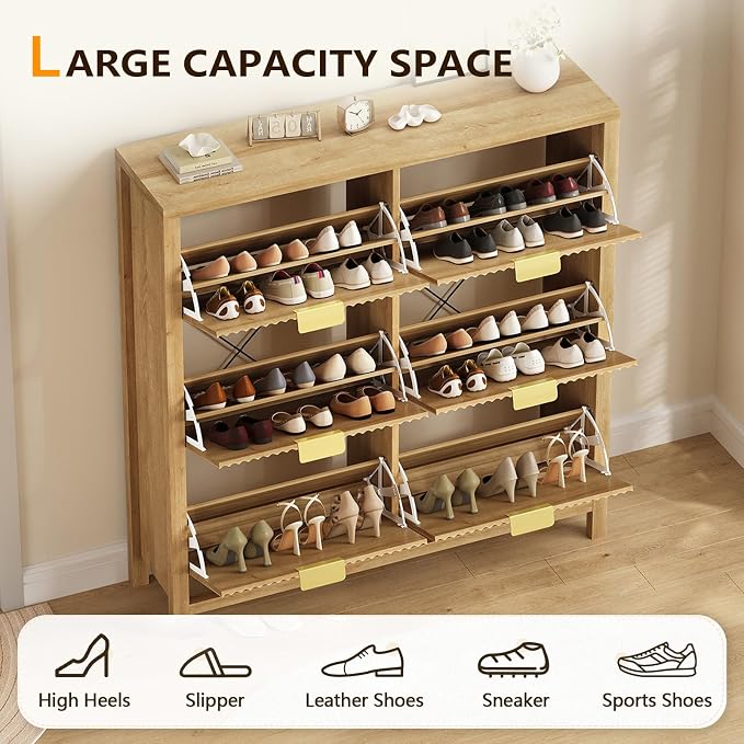 47" Fluted Shoe Cabinet Storage with 6 Flip Drawers for Entryway, Hallway | Slim Shoe Rack Freestanding Wooden Shoe Organizer with Legs for Hallway, Living Room, Oak