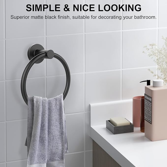 SetSail Towel Holder for Bathroom Wall Matte Black Towel Ring Stainless Steel Hand Towel Holder Heavy Duty Towel Hanger for Bathroom, 3 Packs