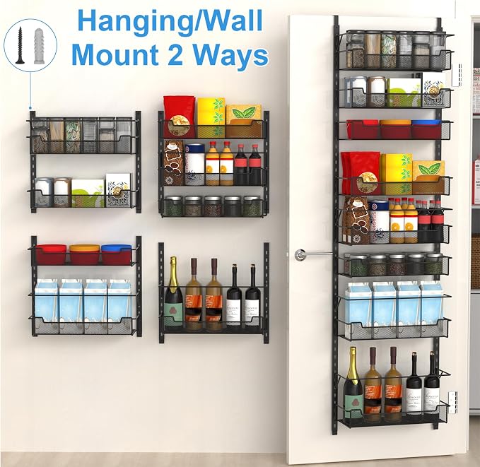 VyGrow Over the Door Pantry Organizer, 8-Tier Over the Door Organizer with Adjustable Basket, Pantry Door Organization for Pantry Kitchen Storage Room Spice Rack, Black