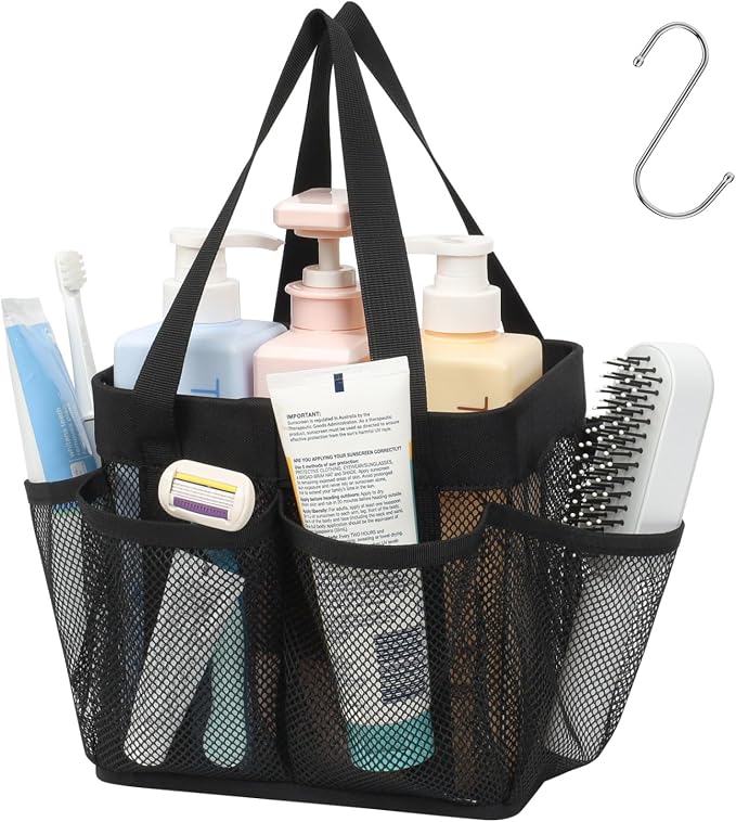 F-color Mesh Shower Caddy Portable - Stand Up 8 Pockets for Dorm, Black | Stand Up Frame, S Hook, Collapsible Organizer, Mesh Shower Bag Bathroom Tote for College Dorm, Camping, Gym, Travel