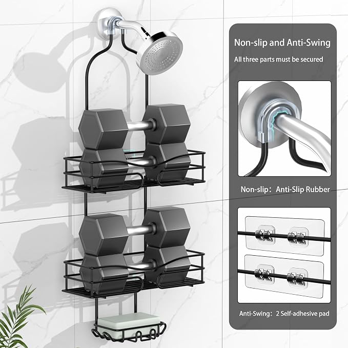 DAOYA Bathroom Shower Caddy Hanging - 3-Tier Organizer with Soap Holder & 6 Hooks for Towels, Sponge; Fits 21mm Shower Head Arm, Black