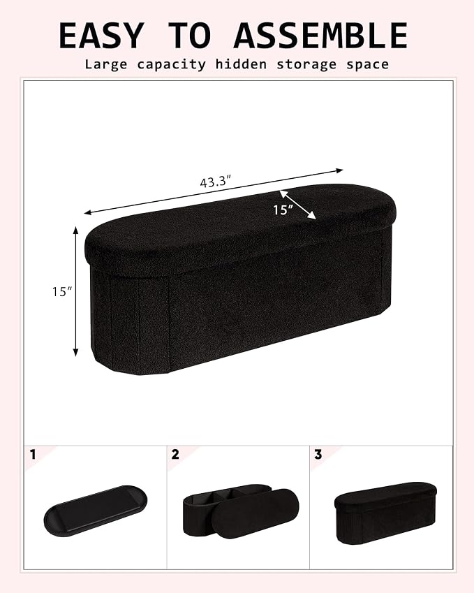 43.3 Inches Foldable Storage Ottoman Bench, Oval Footrest | Teddy Boucle Fabric, Hidden Storage, Soft Padded Seat, End Of Bed Bench For Bedroom, Living Room and Entryway, Black