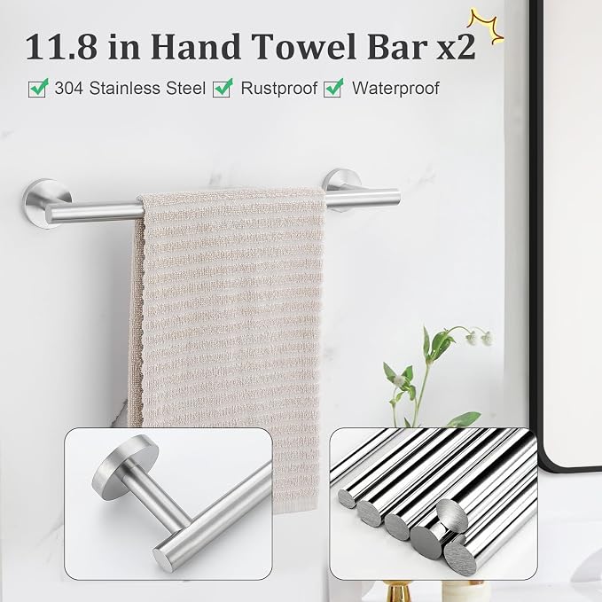 TURS Brushed Nickel 10 Pieces Bathroom Hardware Set, SUS304 Stainless Steel 24 Inch Bath Towel Bar Set, Round Bathroom Accessories Kit Wall Mounted