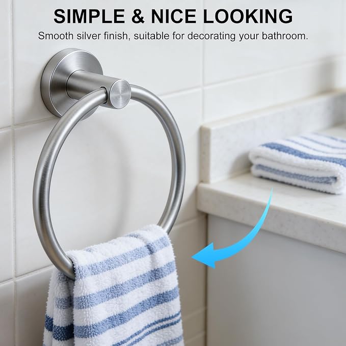 SetSail Towel Holder for Bathroom Wall Silver Towel Ring Stainless Steel Hand Towel Holder Heavy Duty Towel Hanger for Bath, Kitchen Drill Hole, 2 Pack