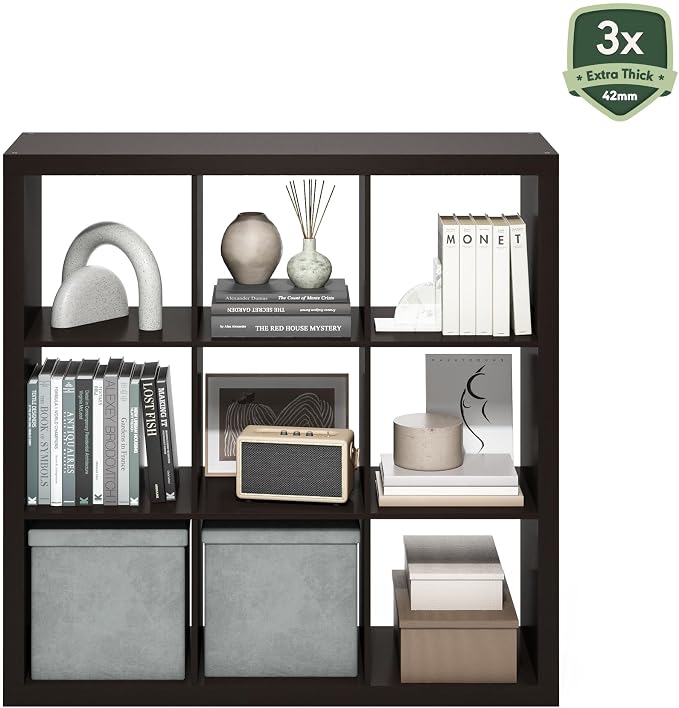 Furinno Cubicle Book Shelf, 9-Cube Bookshelf, Triple Thick Frame Cube Storage Organizer, 1.65" Bookcase, 15.4" x 43.8" x 43.4", for Home Office, Living Room, Black Oak