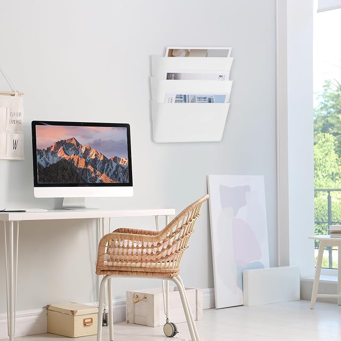 EASEPRES 3 Pack White Plastic Single Pocket Hanging File Organizer, Wall Mount Paper Mails Magazines Holder, Mounted Folder Bins for Office School and Home, 12.99x4.13x7.48 inches