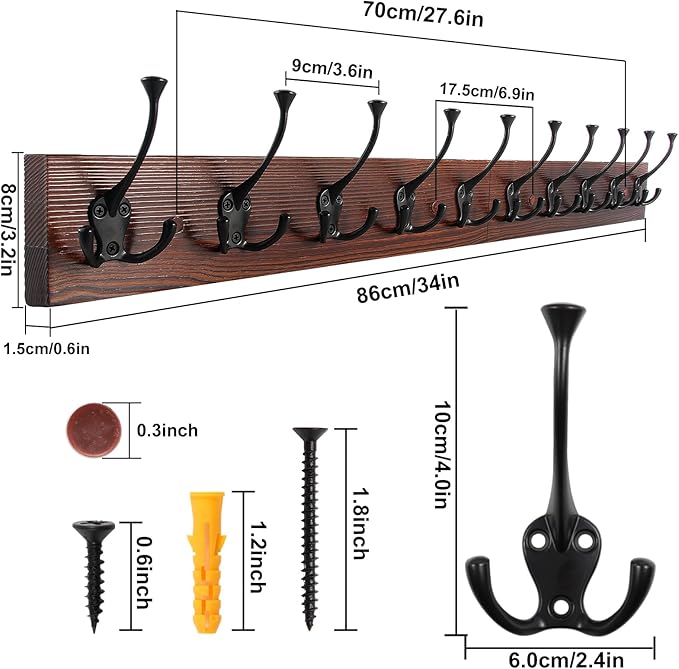 IBosins Brown Wood Wall Mounted Coat Rack, 34" Long with 10 Black Tri-Hooks | Burnt Finish Heavy Duty Wood Coat Hanger, Rustic Coat Hooks Rail for Entryway, Living Room, Coat, Scarf, Bag, Towel, Hat